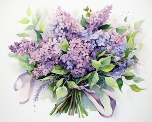 Lilacs wedding bouquet in watercolor, vibrant greens and soft pastels conveying depth and a fresh, airy quality ,  high-detail texture