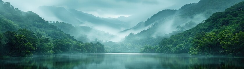 The photo shows a beautiful landscape with a lake and mountains in the background. The water is calm and still, and the sky is cloudy. The scene is peaceful and serene. - Powered by Adobe
