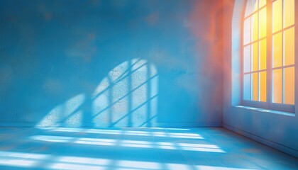 The image shows an empty room with blue walls and a large window. The room is lit by the sun shining through the window.