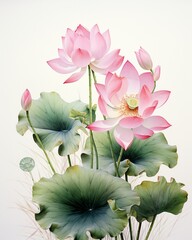 Lotus watercolor composition, soft red petals and slender green leaves, enhancing tranquility and simplicity on white ,  watercolor painting