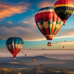Obraz premium A colorful hot air balloon festival in a clear blue sky with clouds, mountains, and a beautiful sunset1