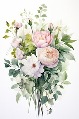 Obraz premium Watercolor painting of a bouquet with peonies, roses, and ranunculus, symbolizing love and beauty, with pale sage to deep forest green leaves enhancing the composition , watercolor painting