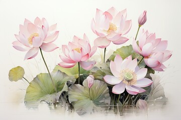 Obraz premium Watercolor lotus, soft pinks, delicate petals floating, slender leaves, pure white background , against pur white background