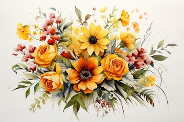 Obraz premium Watercolor painting of a romantic bouquet, featuring red and yellow roses, with delicate Black Eyed Susan and vibrant yellow tulips , against pur white background