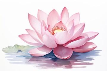 Watercolor painting of a soft pink lotus, isolated on white, embodying tranquility and purity, closeup view for a serene decor print ,  fresh and clean look