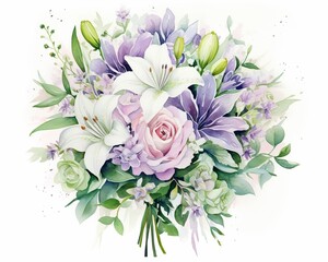 Watercolor painting of a wedding bouquet, soft pastels and asymmetrical green leaves, emphasizing natural elegance ,  watercolor painting