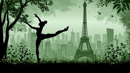 A woman is dancing in a park with the Eiffel Tower in the background