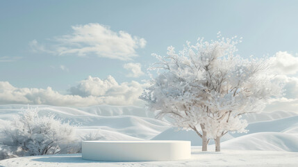 A white snow covered landscape with a tree in the foreground