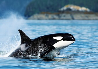 Fototapeta premium Majestic Orca Whale Jumping Out of Blue Ocean Waters with Spray