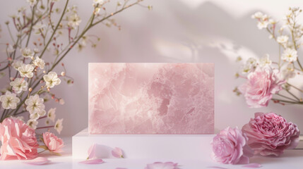 A pink box with a white background and pink flowers in the background