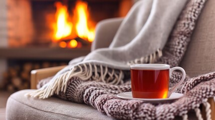 mug of hot tea stands on a chair with a woolen blanket in a cozy living room with a fireplace