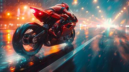 A motorcycle rider on a red motorcycle moving fast Fantasy concept