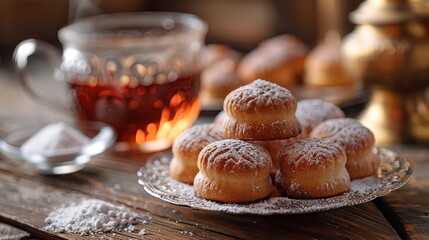 Delicate Eid Sweets: Celebratory Maamoul Cookies with Tea and Powdered Sugar on Kahk