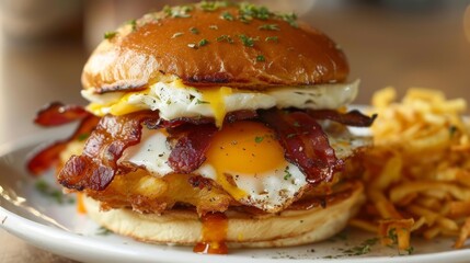 A savory breakfast sandwich filled with layers of crispy bacon melted cheese and a perfectly cooked egg served with a side of golden hash browns.