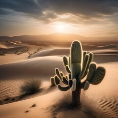 A surreal desert landscape with cactus, sand dunes, and a setting sun2