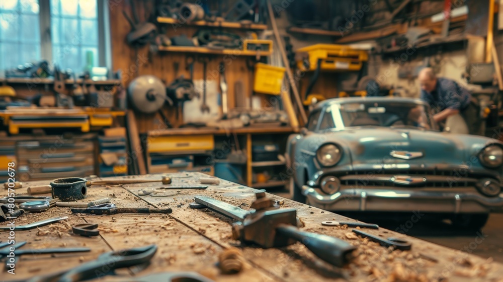 Poster old car parts and tools are tered on a workbench as the men work tirelessly to make progress on thei