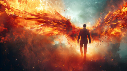 Man Exposed to Phoenix Rising: Business Strength from Adversity - Stock Photo Business Concept