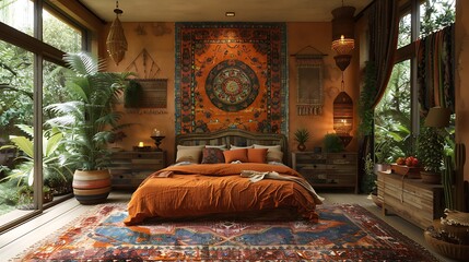 Bohemian bedroom with a canopy bed, layered textiles, and warm, earthy tones