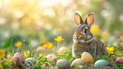 Colorful Easter Bunny Surrounded by Eggs in Spring Nature
