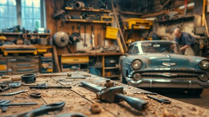 Old car parts and tools are tered on a workbench as the men work tirelessly to make progress on their restoration project.