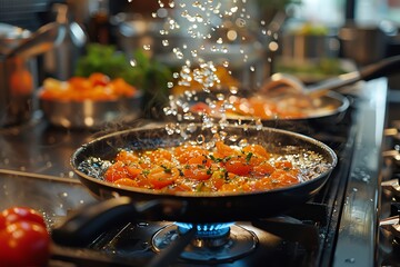 Cooking class focusing on frying with oil, interactive, educational kitchen scene,