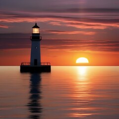 A dramatic sunset over a calm ocean with sailboats on the horizon and a lighthouse1