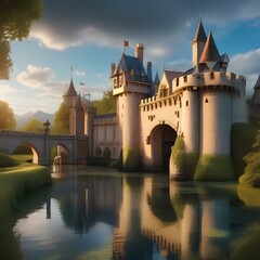 A whimsical fairy tale castle surrounded by a moat with a drawbridge1 - obrazy, fototapety, plakaty