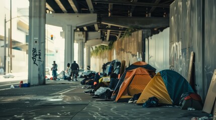 A row of homeless individuals huddled together under a bridge for shelter, with makeshift tents and cardboard signs pleading for help