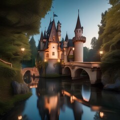 A whimsical fairy tale castle surrounded by a moat with a drawbridge and towers5 - obrazy, fototapety, plakaty