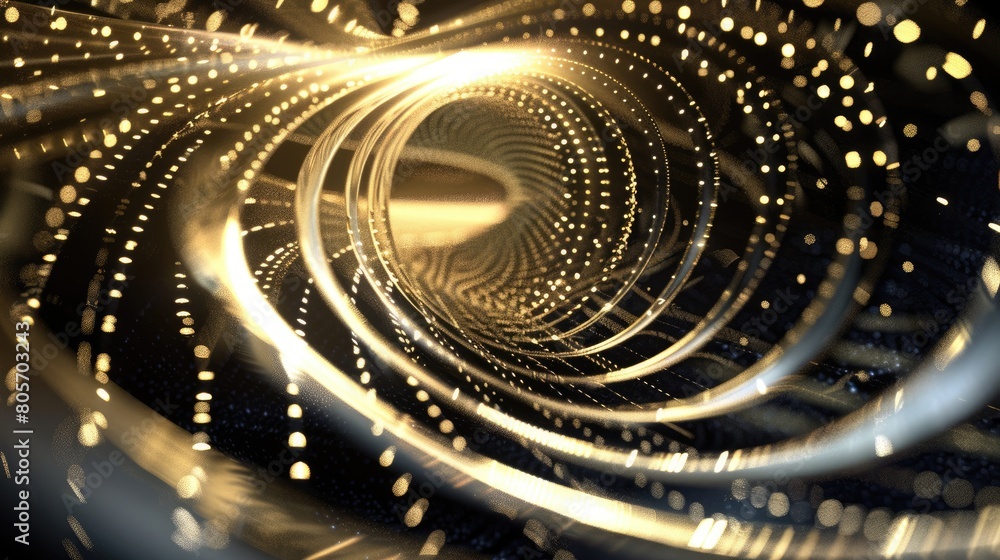 Poster 3d rendering of a golden spiral tunnel with glowing particles. aig51a.
