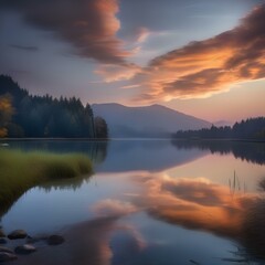 A serene lake reflecting the colors of the sunset1