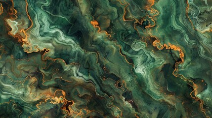 green and brown abstract marble pattern, fluid lines, aerial view, green mossy colors, dark orange accents, watercolor, hyper realistic.