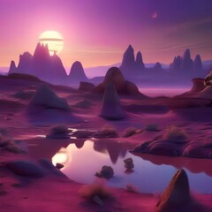 A surreal alien landscape with strange rock formations, plants, a purple sky, two suns, and a spaceship in the distance5
