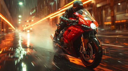 A motorcycle rider on a red motorcycle moving fast Fantasy concept