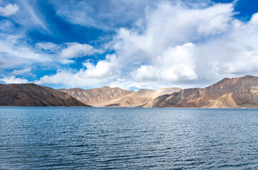 Crystal-clear waters of Pangong Lake along the border between India and Tibet, the world's highest elevation saline body of water