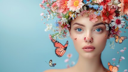 Floral Elegance: Stylish Summer Portrait of Woman Adorned with Flowers and Butterflies, Celebrating Female Beauty and Spring Fashion