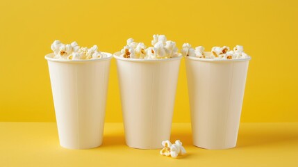 White paper popcorn cups on yellow studio backdrop, ample copy space. Ai Generated