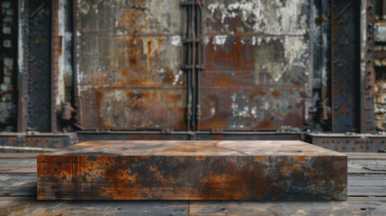 A large, rusty metal box sits on a wooden platform