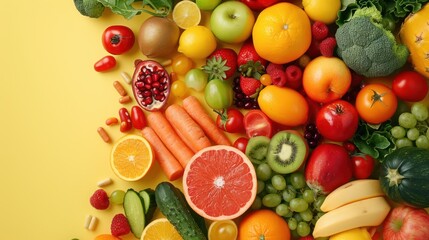 Colorful Fruits and Veggies with Health Supplements on Yellow Background - Concept of Nutrition