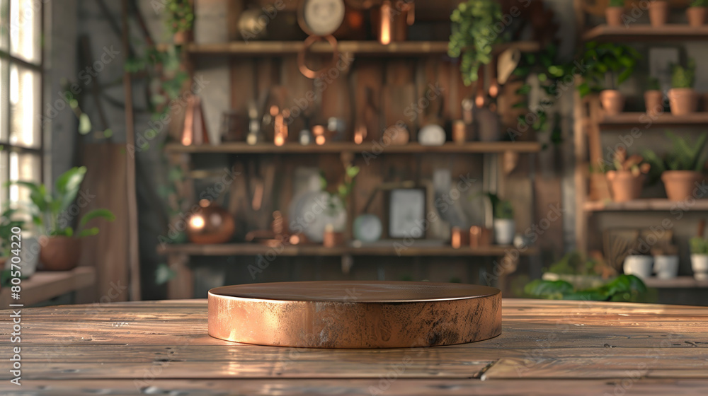 Poster a wooden table with a round object on it