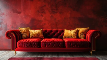 Crimson Sofa in Art Deco Living Room with Golden Pillows and Venetian Stucco Wall