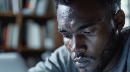 A closeup of a mans face as he closes his laptop and takes a deep breath ready to disconnect and focus on selfcare.