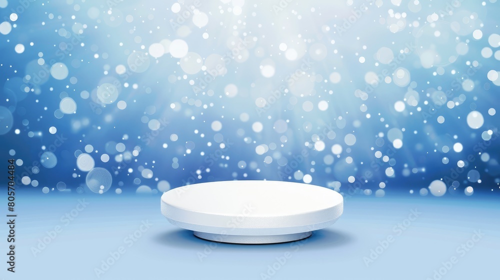 Poster empty round cylinder podium for product display on blue with bokeh. ai generated