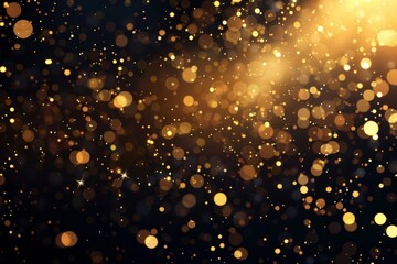 A background of golden particles floating in the air, with gold glitter and glowing lights on a black background