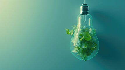 Light bulb containing green fresh leaves against blue background, eco-friendly. Ai Generated