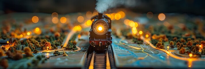 Close-up on a train model’s headlamp illuminating the map route ahead.