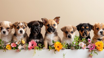 Dogs Behind Spring Flower Banner