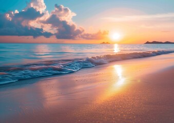 Fototapeta premium Serene Sunset Seascape with Gentle Waves on Sandy Beach