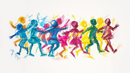 Vivid illustration of children dancing joyfully, rendered in a burst of colorful, energetic crayon strokes against a white background.