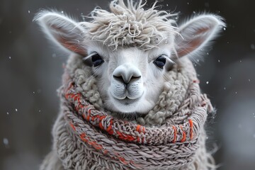 Llama with a knitted wool scarf, quirky and cute, cold winter day,